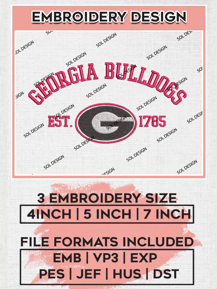 Georgia Bulldogs Est 1785 Logo Embroidery Designs, NCAA Georgia Bulldogs Team Embroidery, NCAA Team Logo, 3 sizes, Machine embroidery Files, Digital Download
