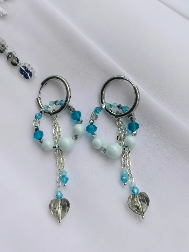 Handmade hoop earrings transformers with 6 pendants, blue and silver heart shaped earrings, Swarovski pearls earrings