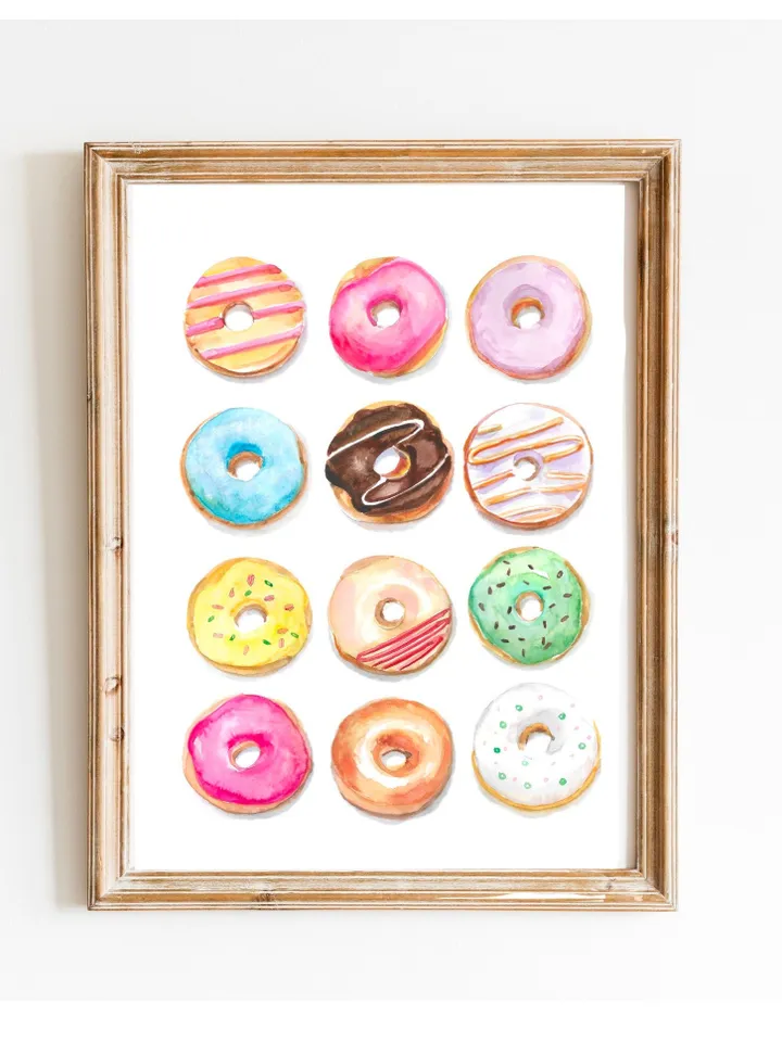 Donuts Watercolor Illustration Colorful Wall Art Dessert Painting Kids Room Wall Art Breakfast Chocolate Cake Birthday Gift Donut Art Print