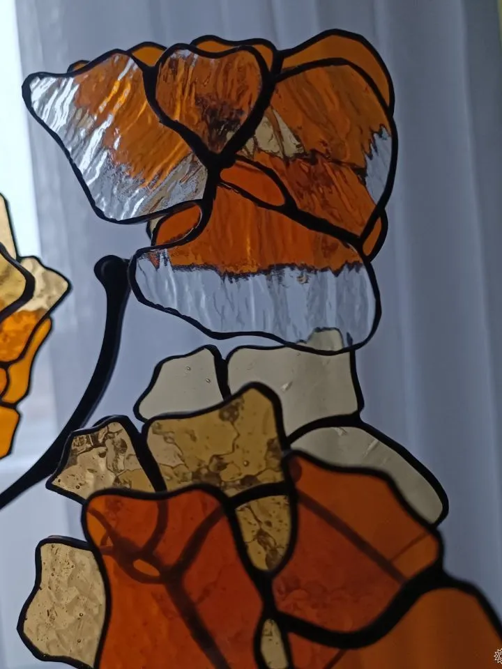 Yellow-Orange 3D Stained Glass Branch, 3D Branch in Yellow and Orange Tones, Handmade Stained Glass Floral Accent, Tiffany Glass Floral Twig in Warm Tones, Multilayer Yellow and Orange Stained Glass Stem, Artistic 3D Glass Flower Composition