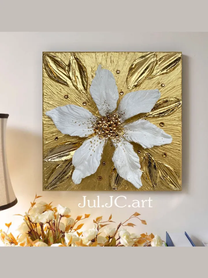 White and Gold Flower art Lily Textured artwork Floral painting by Juliya JC