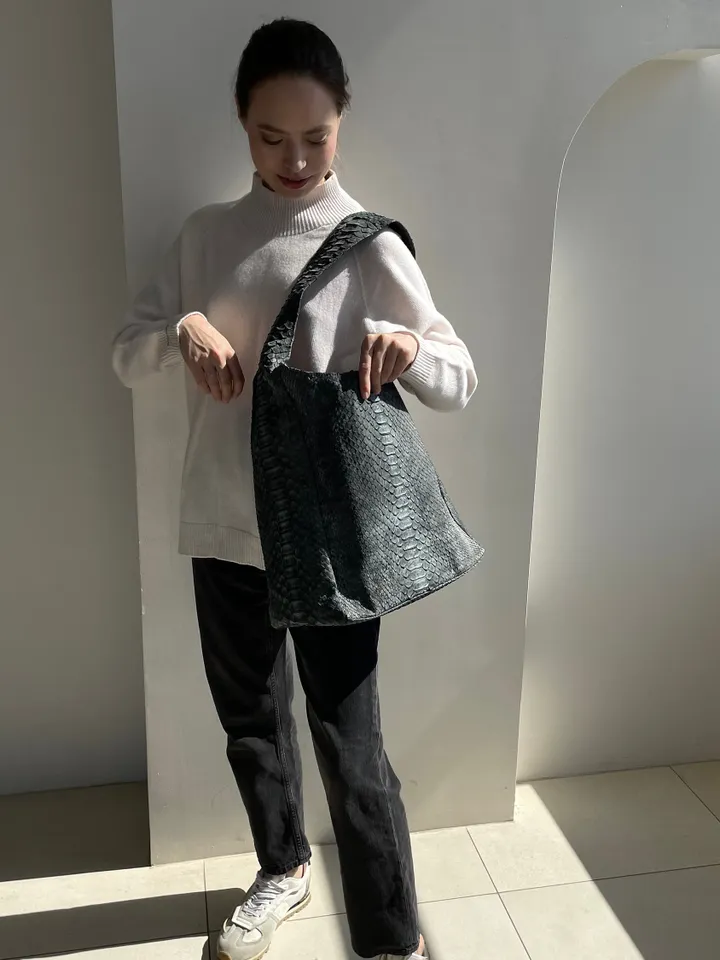 Big Soft Hobo Classy Sport Woman Bag | Purse Genuine Python Skin | Grey Riva Elegant Leather Designer Soft Bag Snake | exotic leather purse