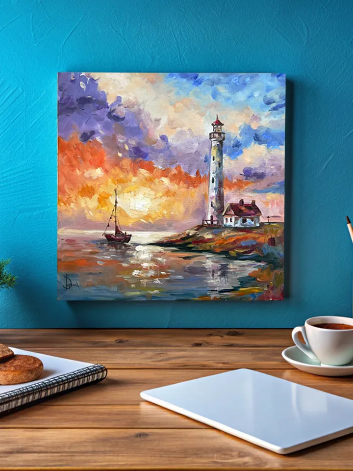Lighthouse at Sunset โ Original Oil Painting, 12x12 Inches, Coastal Wall Art, Nautical Seascape, Ocean Home Decor
