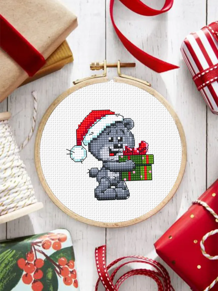 Small bear cross stitch pattern PDF, Christmas pattern digital download PDF, Cute bear cross stitch chart, DIY Christmas decoration #N55