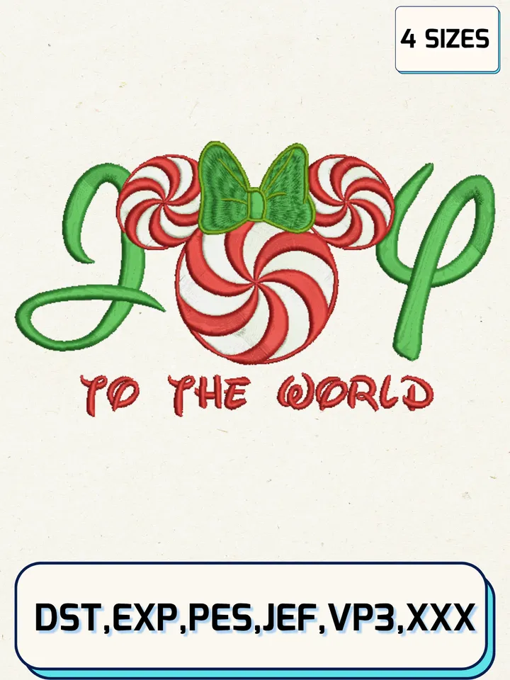 Joy To The World Minnie Christmas Candy Embroidery Design,Christmas Embroidery Designs,Machine Embroidery Files,Joy Embroidery Design,4 Sizes