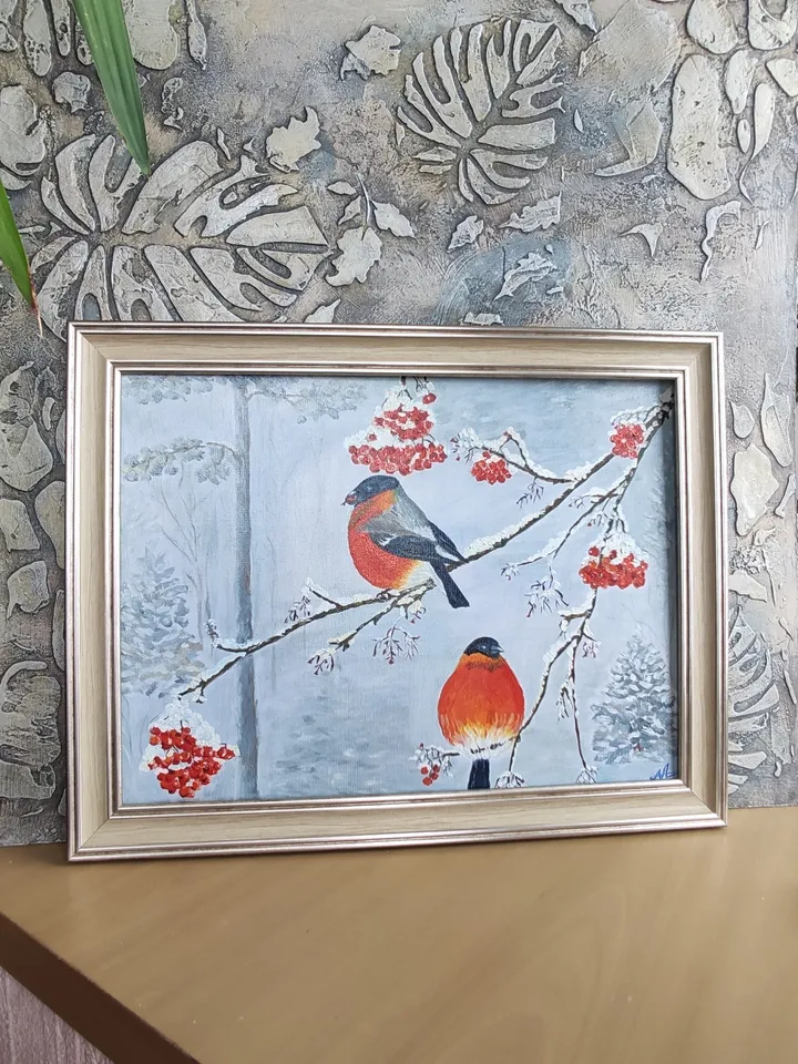 Bullfinches in winter oil on canvas 40*30 cm snow mountain ash birds