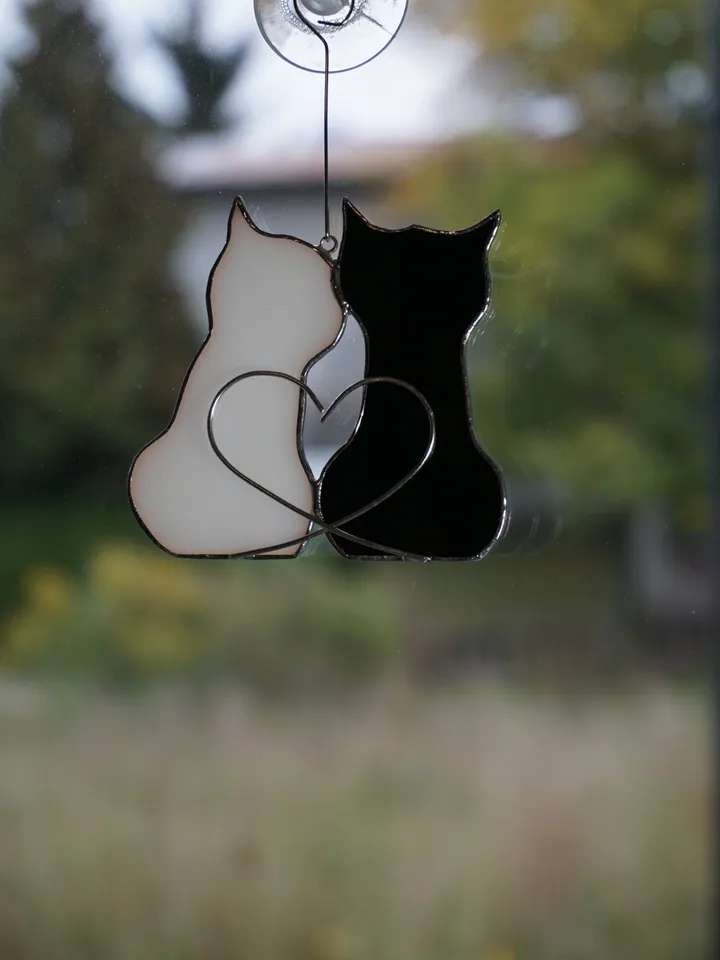 Couple in love Two Cats Stained glass hanging and standing on table , shelf sitters , Suncatcher black , white 2. Cute gift for animal lover