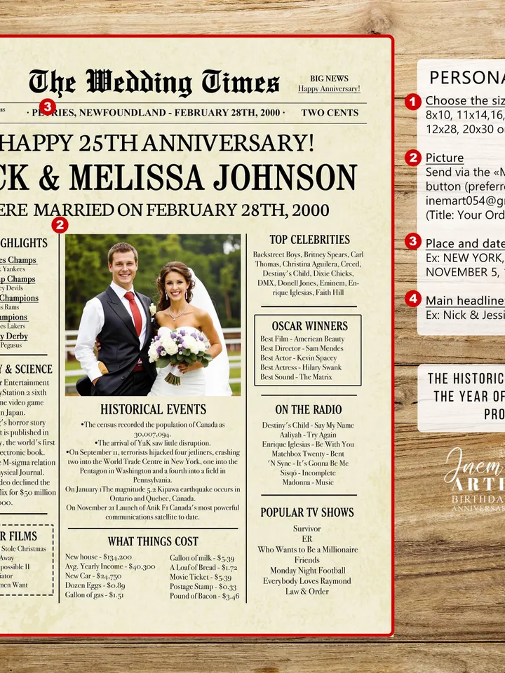 25th wedding anniversary gift for couple, 25th anniversary gifts for husband, silver wedding anniversary gift, 2000 anniversary newspaper