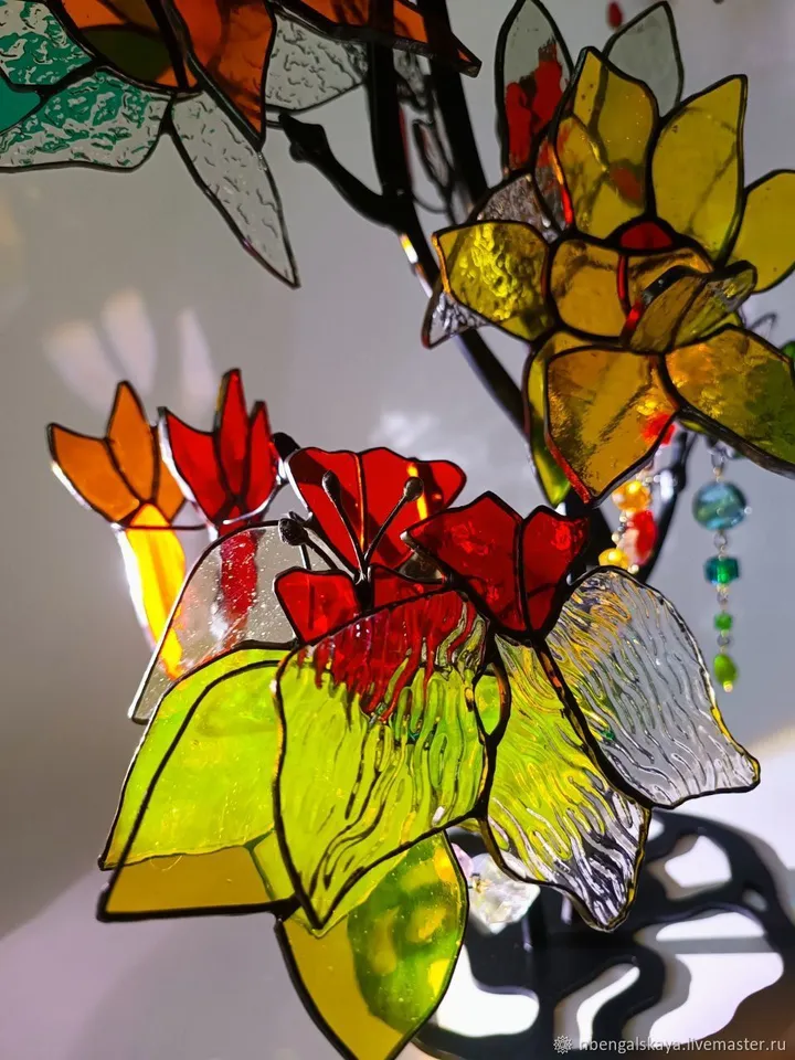 Vertical Flower Branch 3D, 3D Stained Glass Flower Branch, Vertical 3D Floral Stained Glass Branch, 3D Floral Branch in Stained Glass, Vertical Stained Glass Flower Composition in 3D, 3D Stained Glass Blossom Branch, Vertical 3D Flower Design