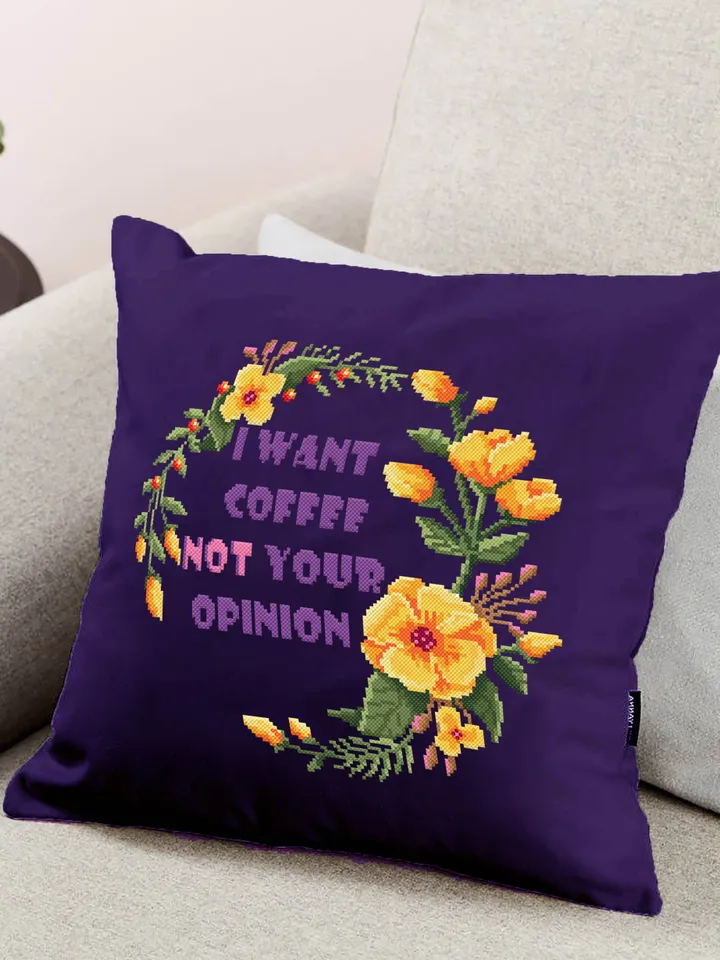 Coffee quote cross stitch pattern download PDF, Floral wreath cross stitch chart, Framed quote embroidery I want coffee not your opinion #Q3
