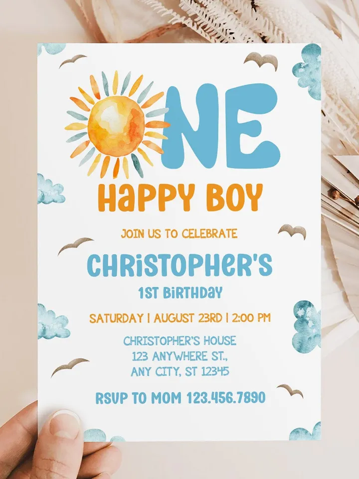 One Happy Boy Birthday Invite, First Birthday Evite, First Birthday Invitation, Phone Invite, 1st Birthday Invitation I120