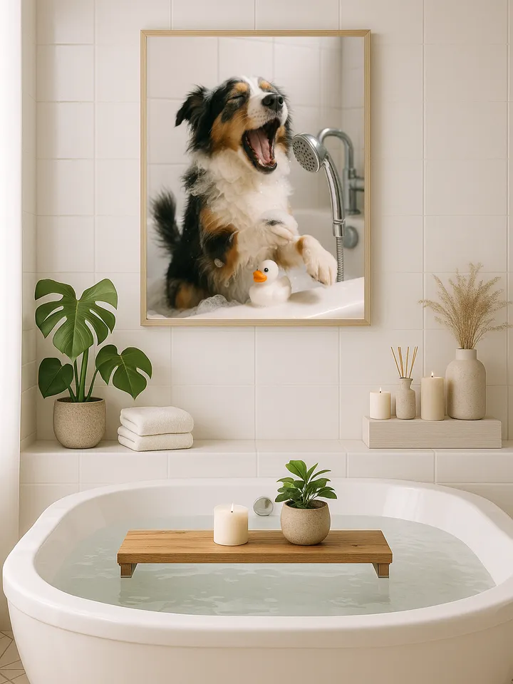Funny Dog Bathroom Wall Art, Cute Pup in Bathtub with Rubber Duck Print, Adorable Pet Lover Gift, Digital Download