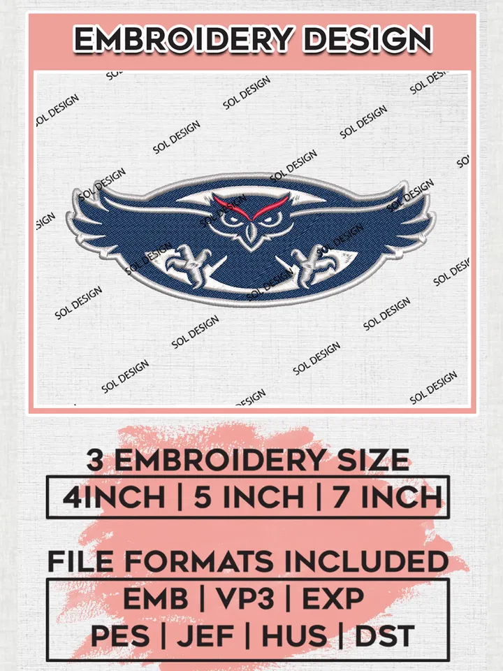 NCAA Florida Atlantic Owls Logo Mascot Embroidery Design Files, NCAA Florida Atlantic Owls Team Embroidery, NCAA Game Day, Machine embroidery designs, Digital Download
