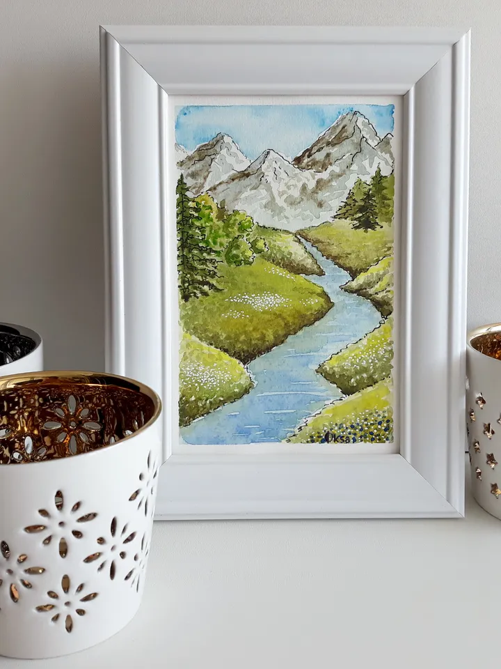Mountain River Watercolor Art Painting/Mountain Original Painting/Art atmosphere/Europe mountain river landscape/White framed small painting