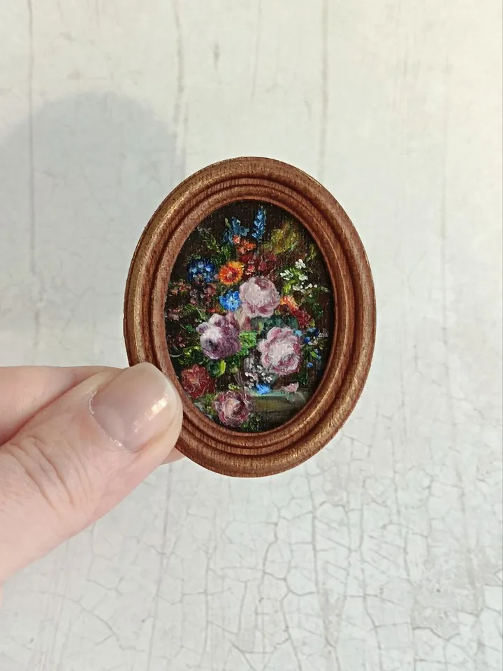 Miniature original oil painting with flowers in vintage style for dollhouses in 1/12, 1/6 scale