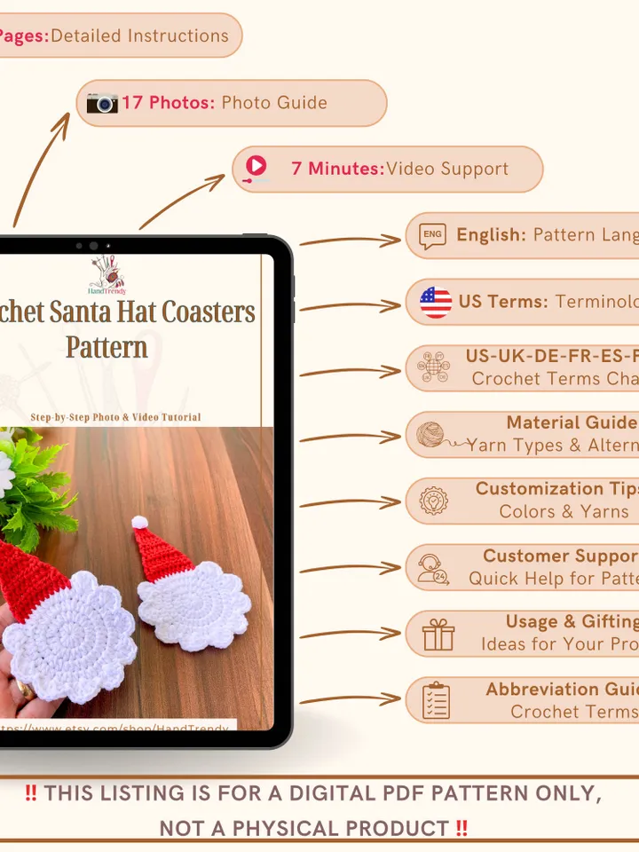 Crochet Santa Hat Coasters Pattern, Decorative Crochet Xmas Coasters for Holiday Home Decor, Ideal for Coffee Lovers