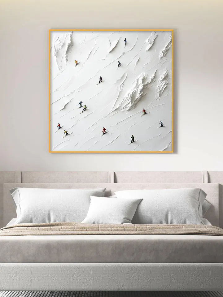 Skiers on the Slopes, 3D Impasto Winter Sports Art, Textured White Mountain Painting, Miniature Skiers Decor, Unique Gift for Ski Lovers