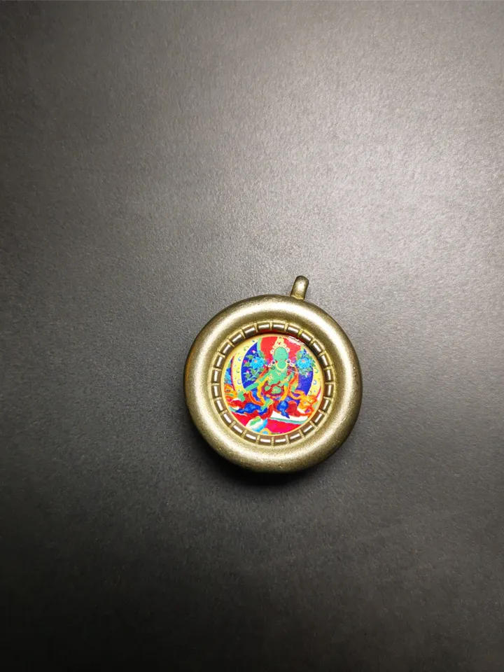Gandhanra Vintage Green Tara Gau Ghau Shrine,Round Tibetan Buddhist Altar Amulet Pendant,Made of White Copper
