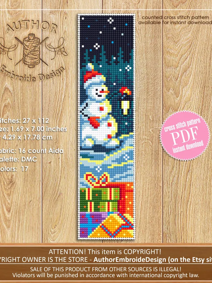 Christmas bookmark cross stitch pattern PDF download Snowman cross stitch chart, Handmade bookmark pattern digital PDF, Winter holiday #B39