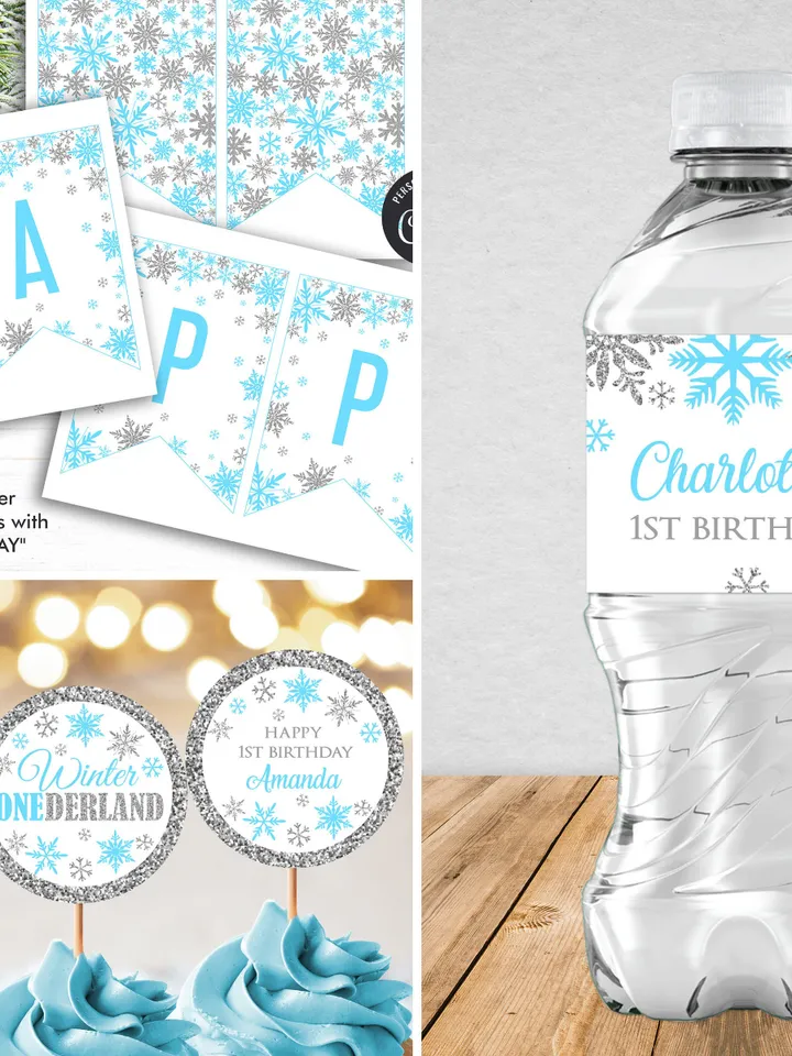 Winter Onederland Birthday Boy Decorations, Winter Onederland Birthday Party Package Bundle, Blue Silver Snowflakes  Editable Template