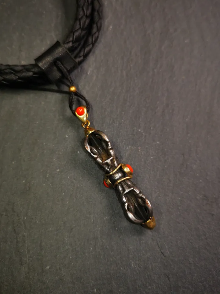 Gandhanra Tibetan Buddhist Amulet,Five-pronged Dorje Vajra Pendant with Leather Chord,Made of Cold Iron,1.77&quot;