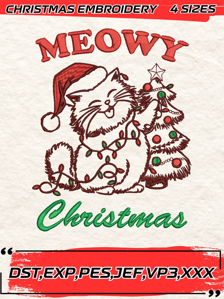 Meowy Christmas Embroidery Design,Christmas Embroidery Design,4 Sizes, Digital Download