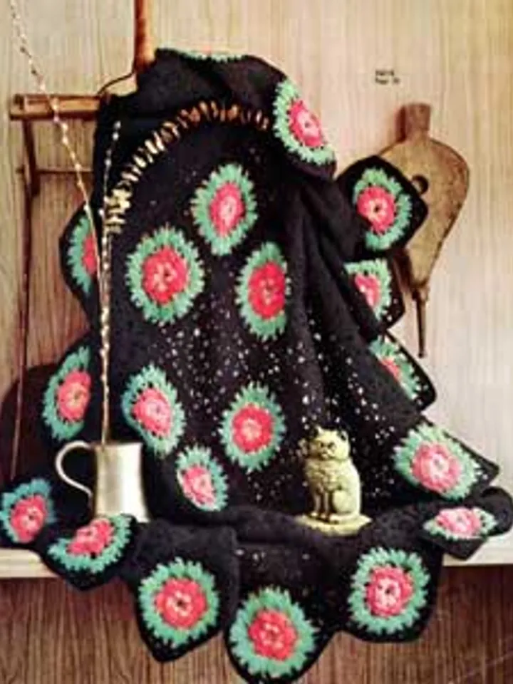 Crochet Pattern Vintage Afghan Black With Roses Digital Download PDF