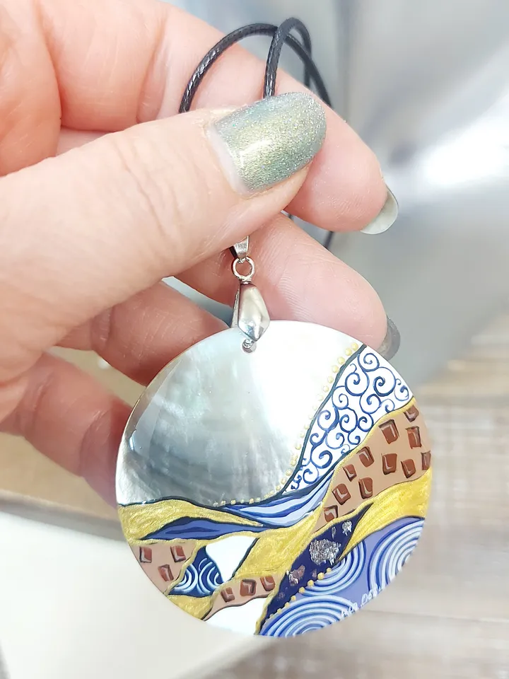Beautiful Pendant Klimt Mother of Pearl Hand-painted Russian decoration Painting. Jewelry art Art gift Fedoskino Collectible