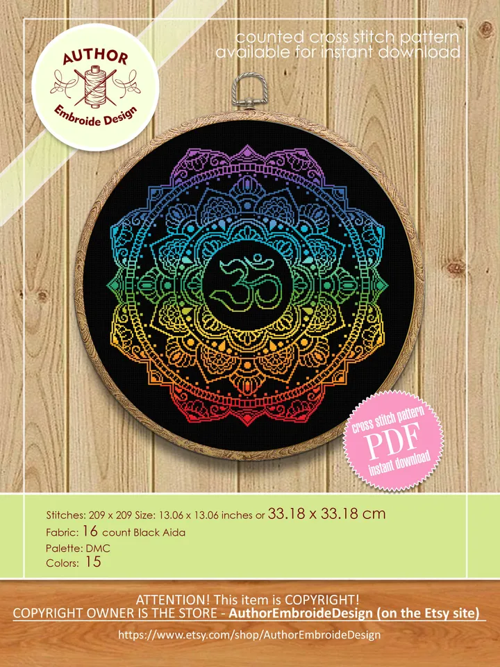 Mandala Om cross stitch pattern download PDF Meditation yoga cross stitch Chakras embroidery beginners Unique cross stitch simple #M146