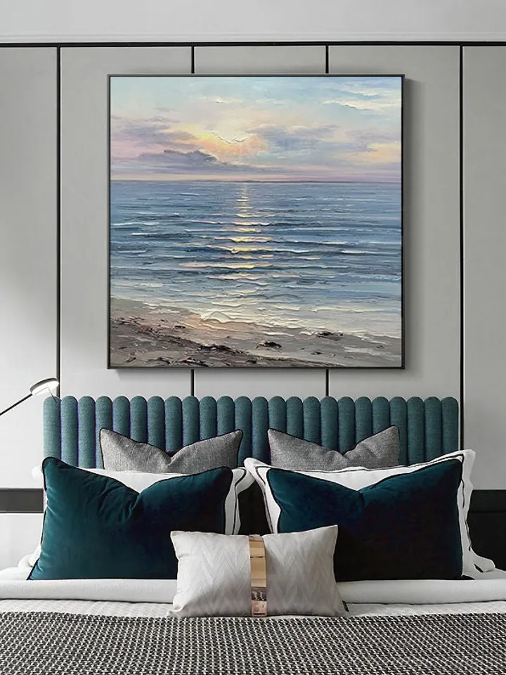 Original Oil Painting on Canvas Sea Landscape Painting,Large Wall Sky Sea Painting,Sea Level Painting Of Sunrise Landscape Large Wall Art