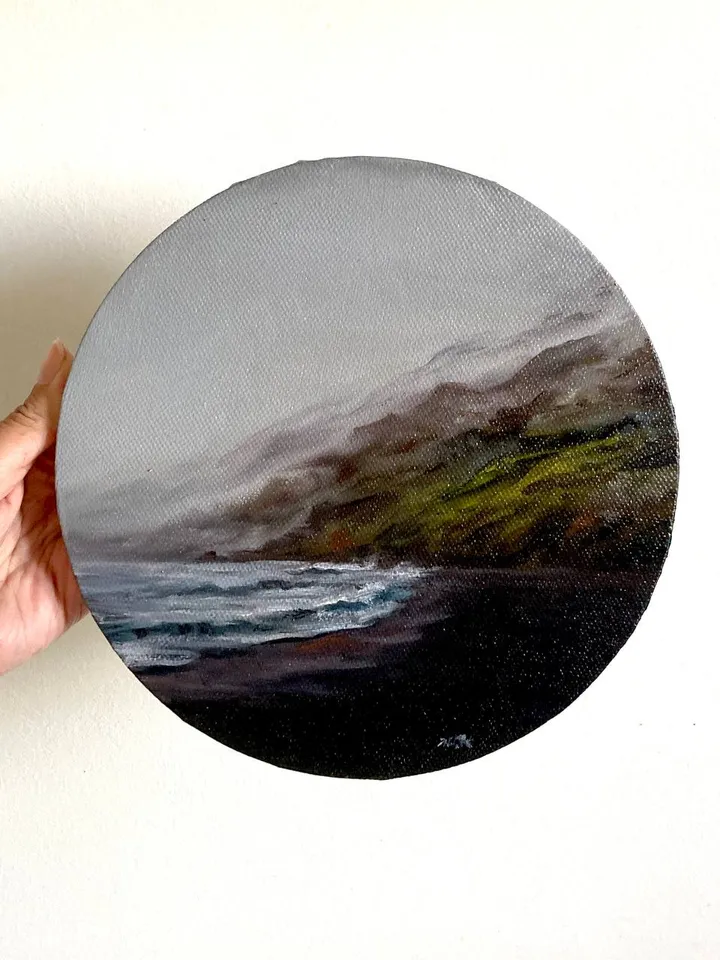 Small Landscape Round Oil Painting Dark Ocean Art Original Moody Victorian Painting Coastal Wall Decor 8 by 8 Art