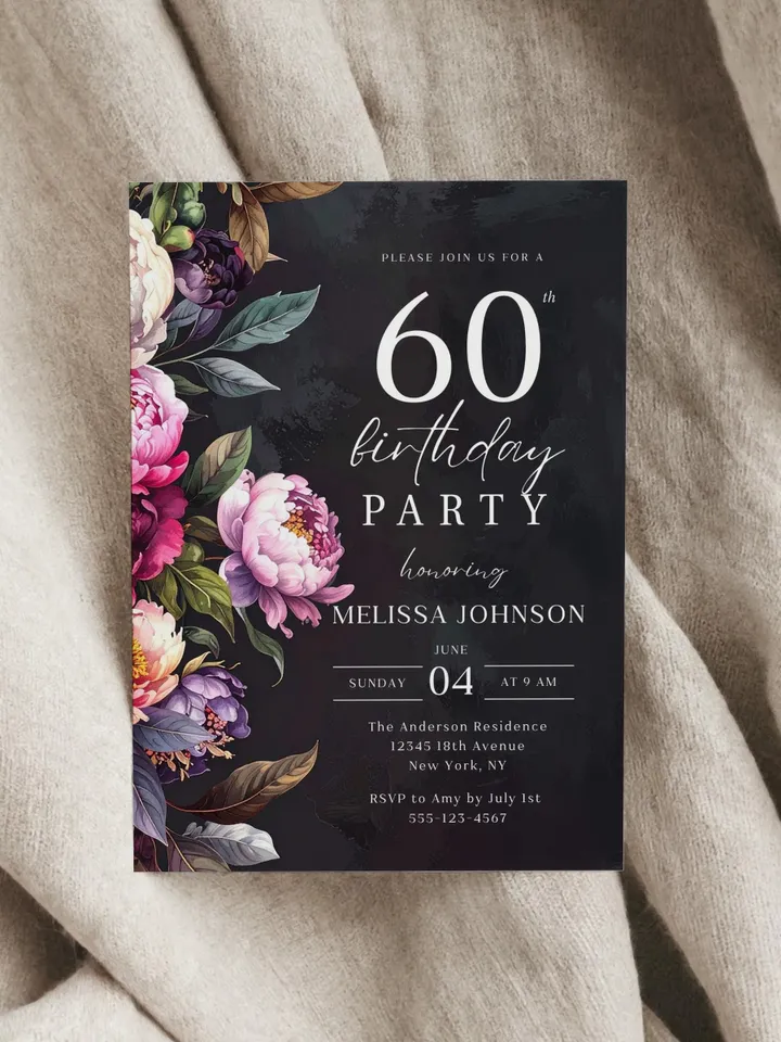 60th Birthday Invitation for women – Moody Burgundy & Blush Peony Floral Invitation, Elegant Dark Men Birthday Party Invite Canva Template