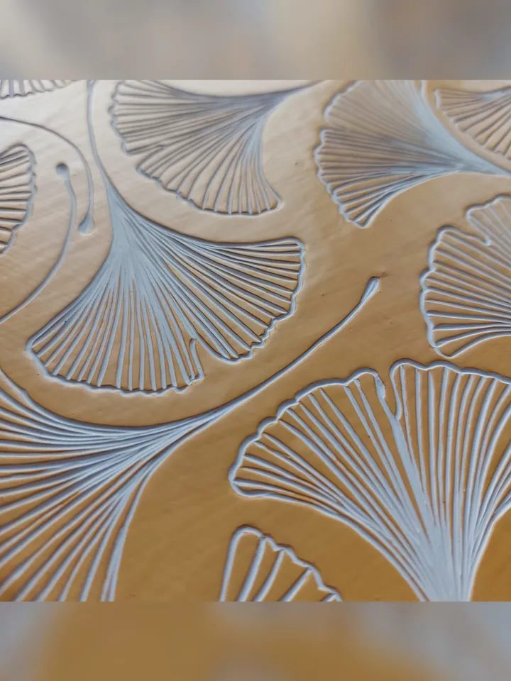 Ginkgo leaves. Paint carving. Diameter is 21.5 cm