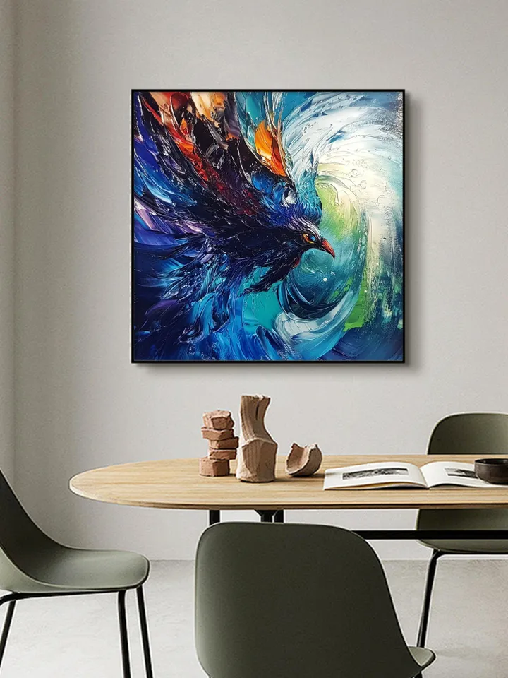 Hand-Painted Abstract Oil Painting | Vibrant Blue Bird in Motion | Stunning Wall Art with Bold Colors for Living Room Decor