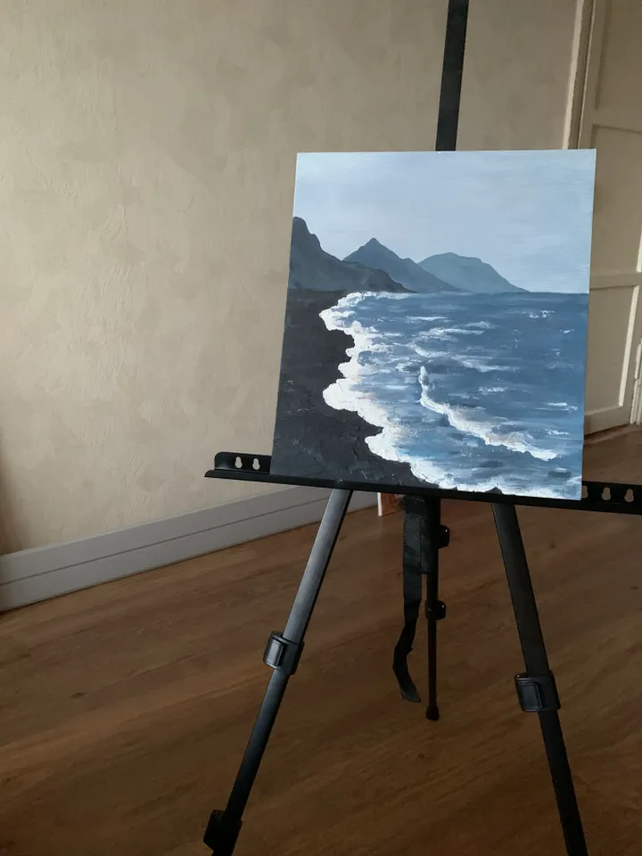 Monochrome landscape sea rocks texture acrylic painting minimalistic style