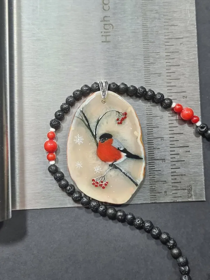 Bullfinch on a rowan branch necklace Hand painted Christmas Gift Wrapping
