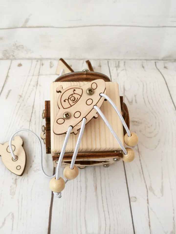 Busy cube - Space, wooden baby fidget toy, montessori travel activity