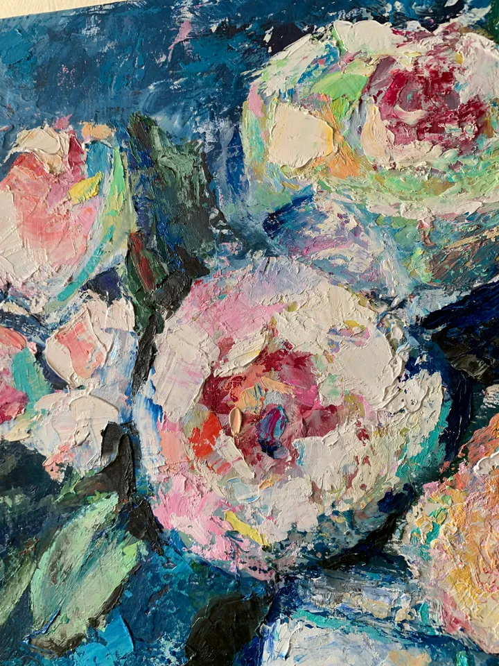 Peonies in vase impasto oil original painting fresco