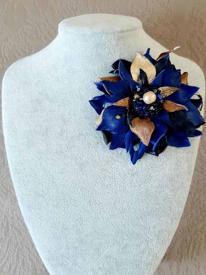 Blue leather brooch for her , 3rd anniversary gift for wife, Leather women's jewelry
