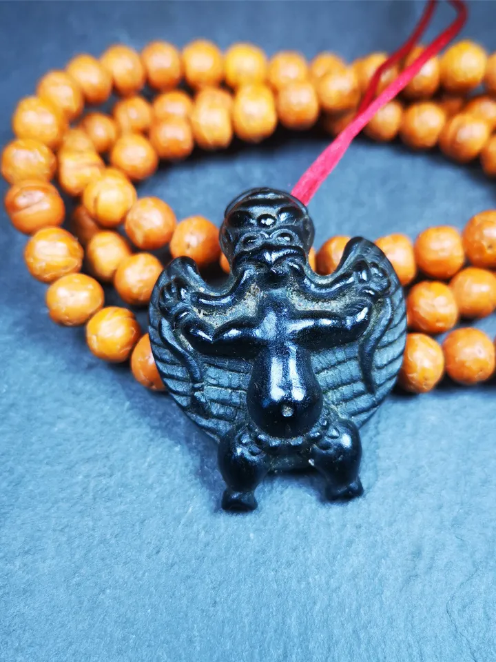 Gandhanra Hand Carved Obsidian Tibetan Amulet Garuda,Garula,Suparna,Golden-wings Bird Pendant, 1.65"