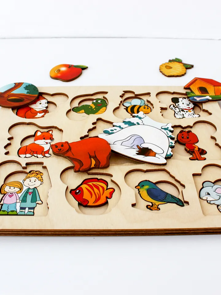 Wooden Puzzle - animals and houses, Montessori toddler toy, jigsaw board