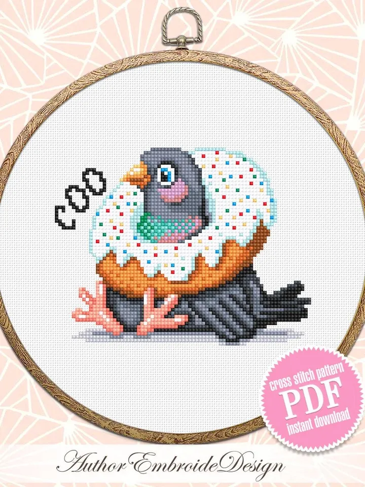 Pigeon with donut cross stitch pattern PDF download Funny bird cross stitch chart, Small pigeon pattern digital PDF, Bird lover gift #K54
