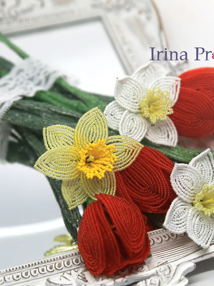 Beaded Narcissus and tulip | Beaded Flowers pattern | Seed bead patterns | Beadwork pattern