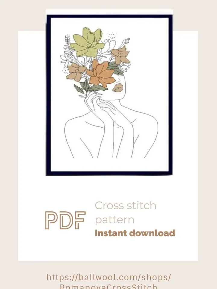 Flower Woman line art cross stitch PDF pattern, Instant download