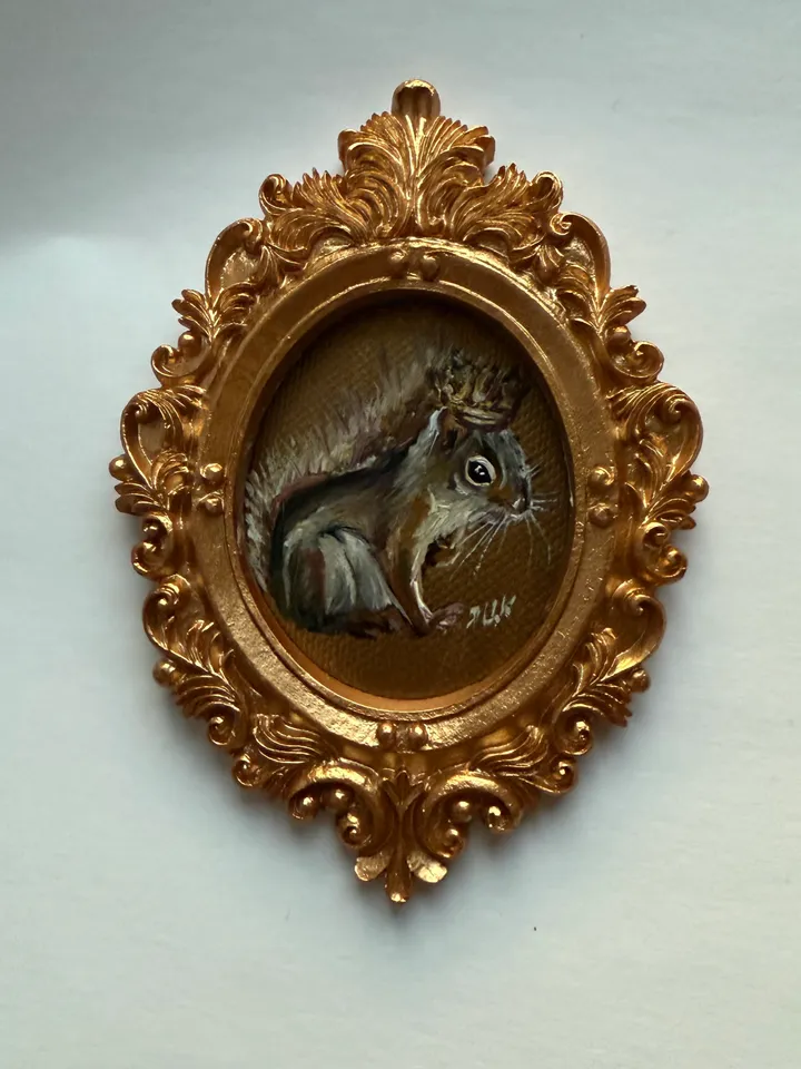 Framed Squirrel Oil Painting Original Wild Animals Art Cute North Squirrel Painting Gold Frame Victorian Painting