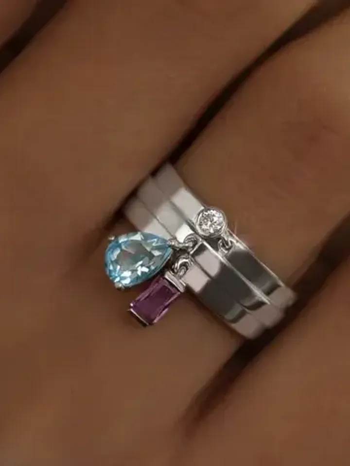 Ring with cubic zirconia, natural amethyst and topaz, 925 silver