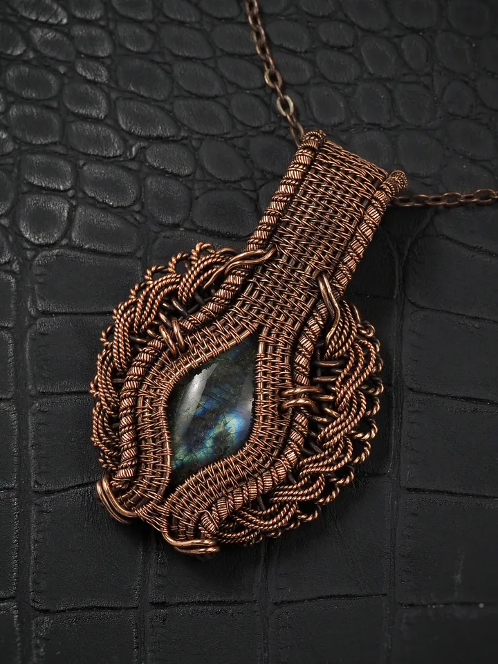 Labradorite pendant for women Wire wrap copper necklace Handmade artisan jewelry