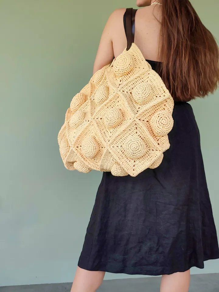 Unique handmade raffia beach bag with leather handles, summer handbag