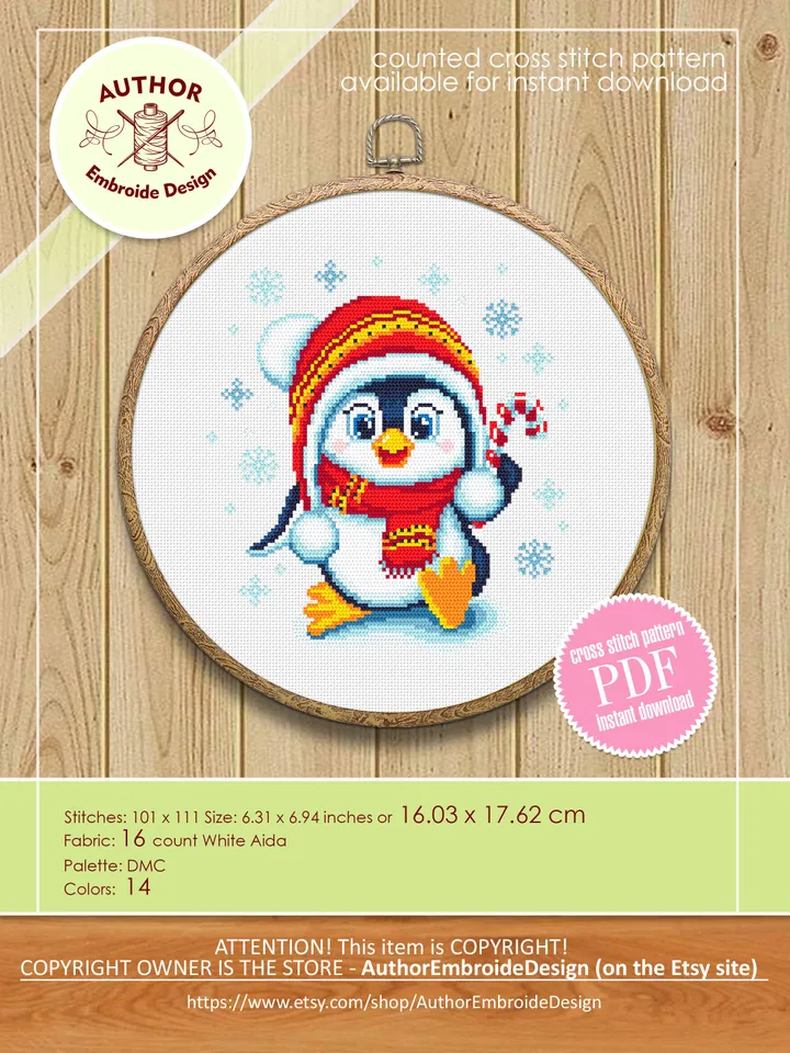 Cute baby penguin cross stitch pattern download PDF, Christmas cross stitch, Easy beginner stitch, Christmas penguin hand embroidery #N63