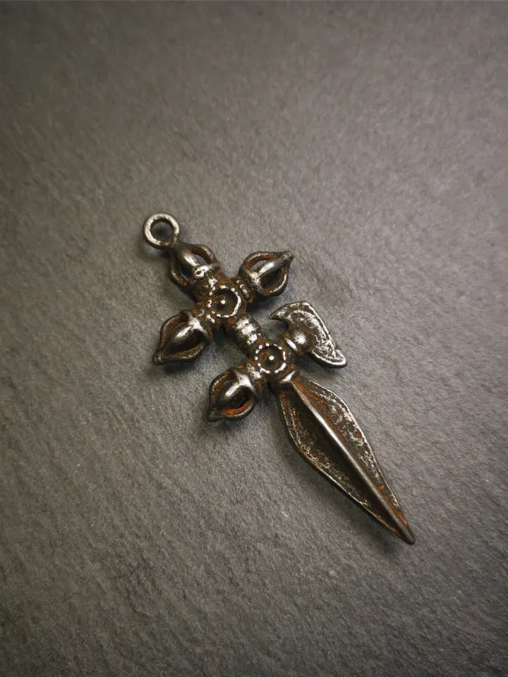 Gandhanra Vintage Cross Vajra Phurba Amulet,Kila(Dorje Phurba) Pendant,Tibetan Budhist Ritual Implement,made of Thokcha,40 Years Old